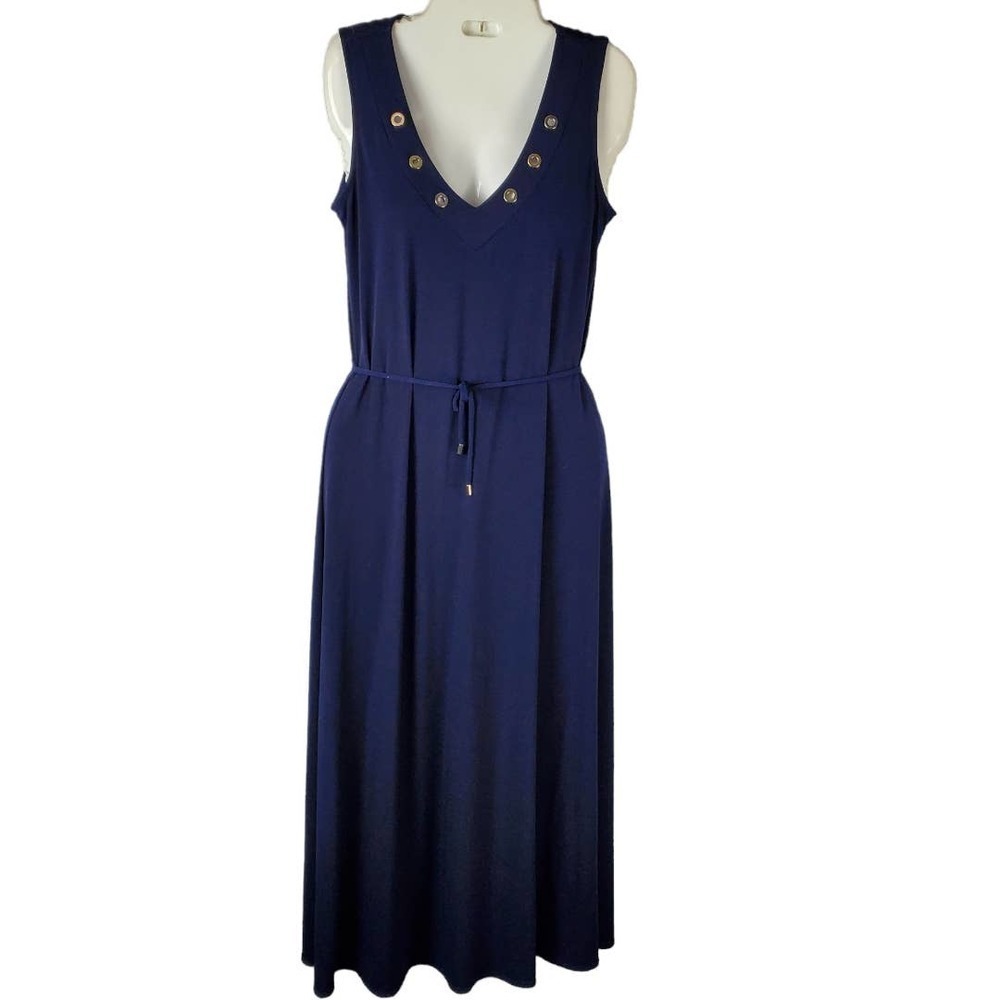 Catherine Malandrino Navy Blue Jersey Knit Midi Dress PM Belted Quiet Luxury